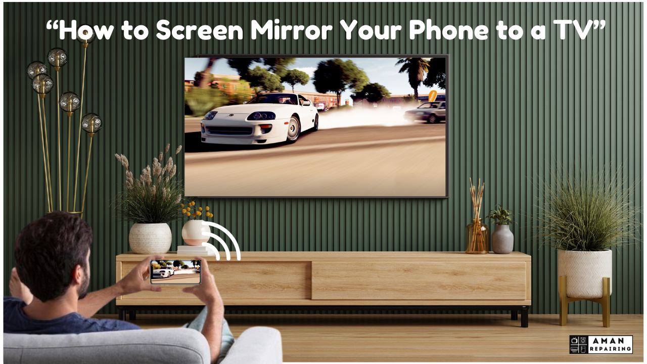 Visual instructions for screen mirroring a smartphone to a television, highlighting essential steps and tools needed.