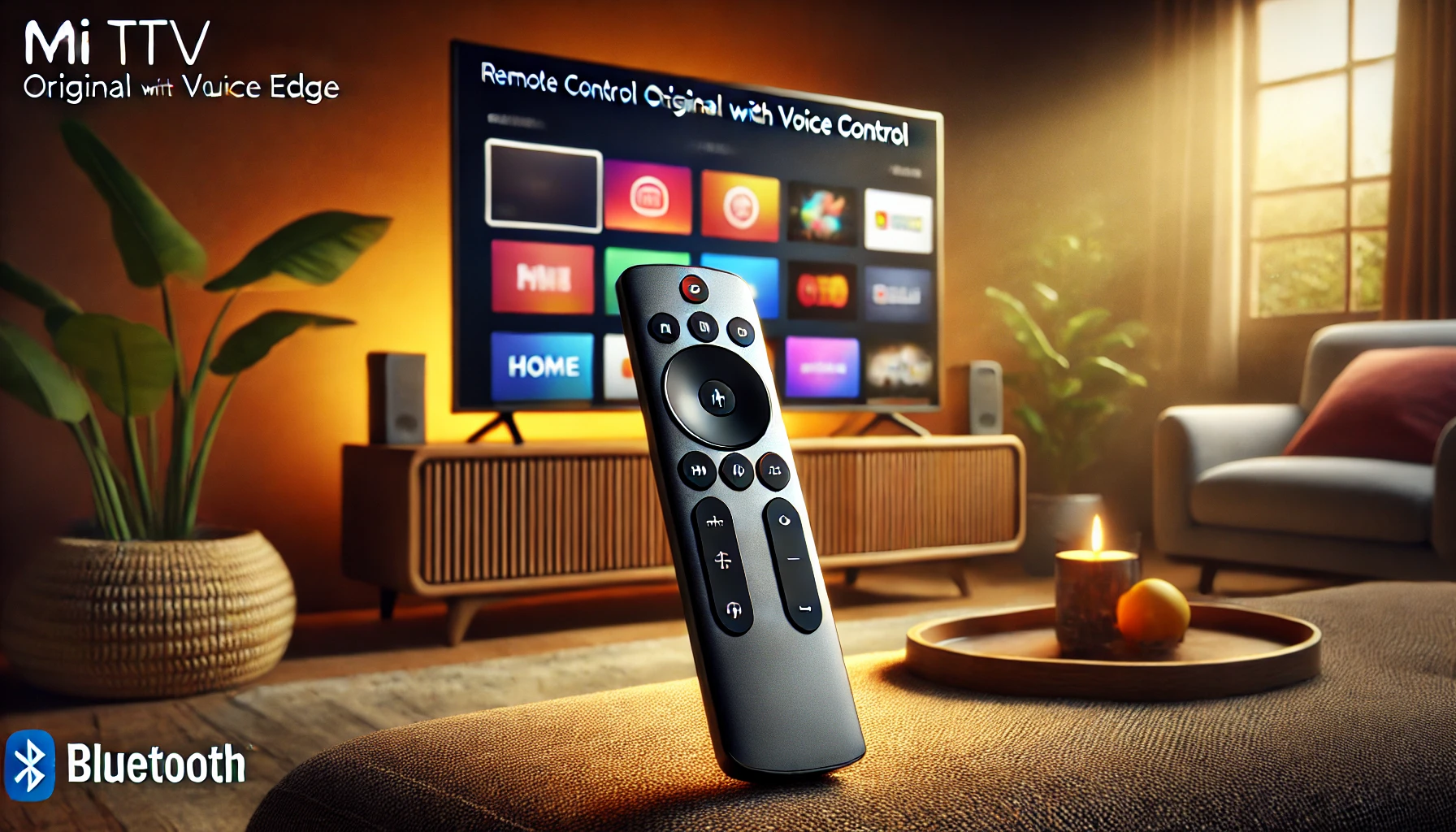 the topic "Mi TV Remote Control Original with Voice Control | Bluetooth Smart Remote for Mi TV by Trust Edge: A Comprehensive Review." The scene captures the design and usability of the remote in a cozy living room setting, emphasizing its Bluetooth and voice control features