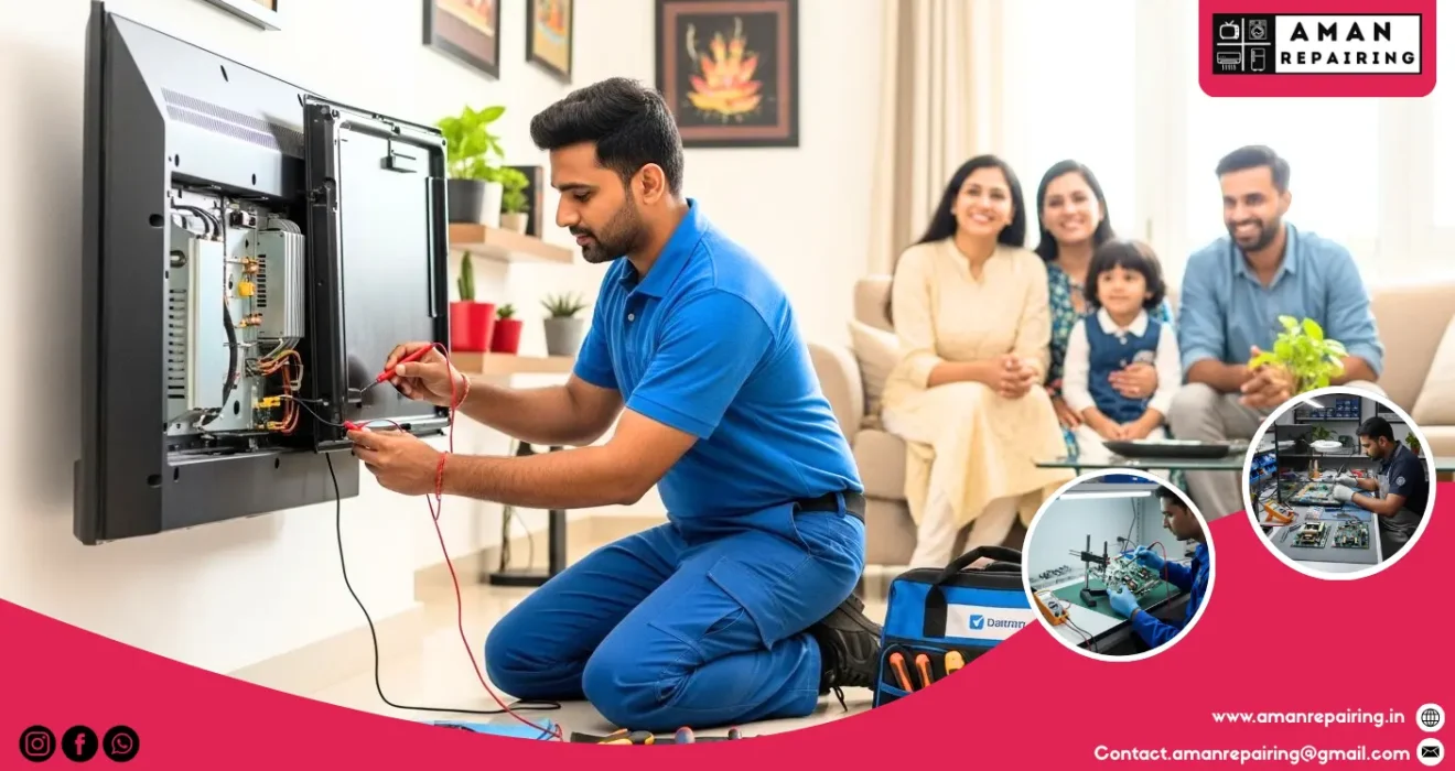 Professional LED TV repair technician from Aman Repairing fixing a wall-mounted LED TV at an Indian home in Delhi while the family watche